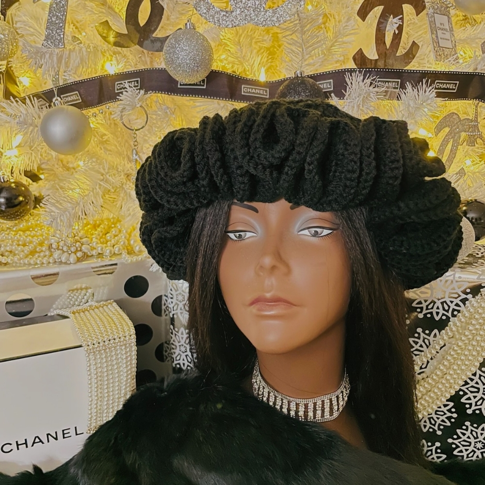 Black Crochet Ruffle Hat